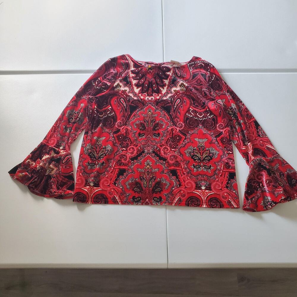 Chicos Blouse Women Large Red Velvet Paisley Whimsigoth Long Bell Sleeve Holiday